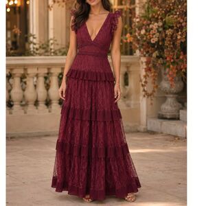 Lulus Marvelous Darling Burgundy Lace Tiered Maxi Dress Whimsygoth Fall Wedding
